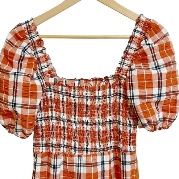 Fall Plaid Dress Smocked Bohemian Maxi Dress Orange Navy Combo Size M - Picture 4 of 11